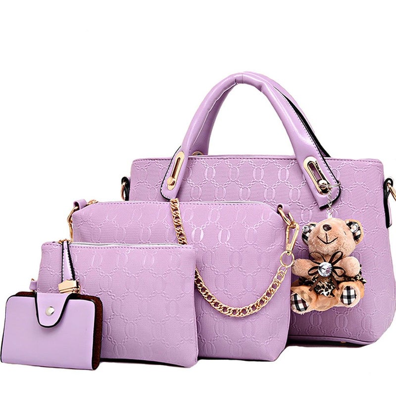 FiveloveTwo Women 4 Pcs Top Handle Satchel Hobo Handbag Set Large Tote +Purse +Shoulder Bag+Card Holder Purple - Image 1